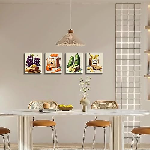Miniatura 5 de QPOKLAF Juego de 4 impresiones en lienzo enmarcadas divertidas para cocina, impresiones de alimentos, decoración artística de pan, decoración