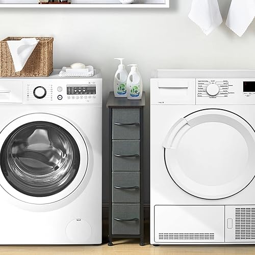 Miniatura 5 de Somdot Cómoda estrecha con 4 cajones, cómoda de almacenamiento delgada con cajones de tela extraíbles para armario, espacios pequeños, baño,