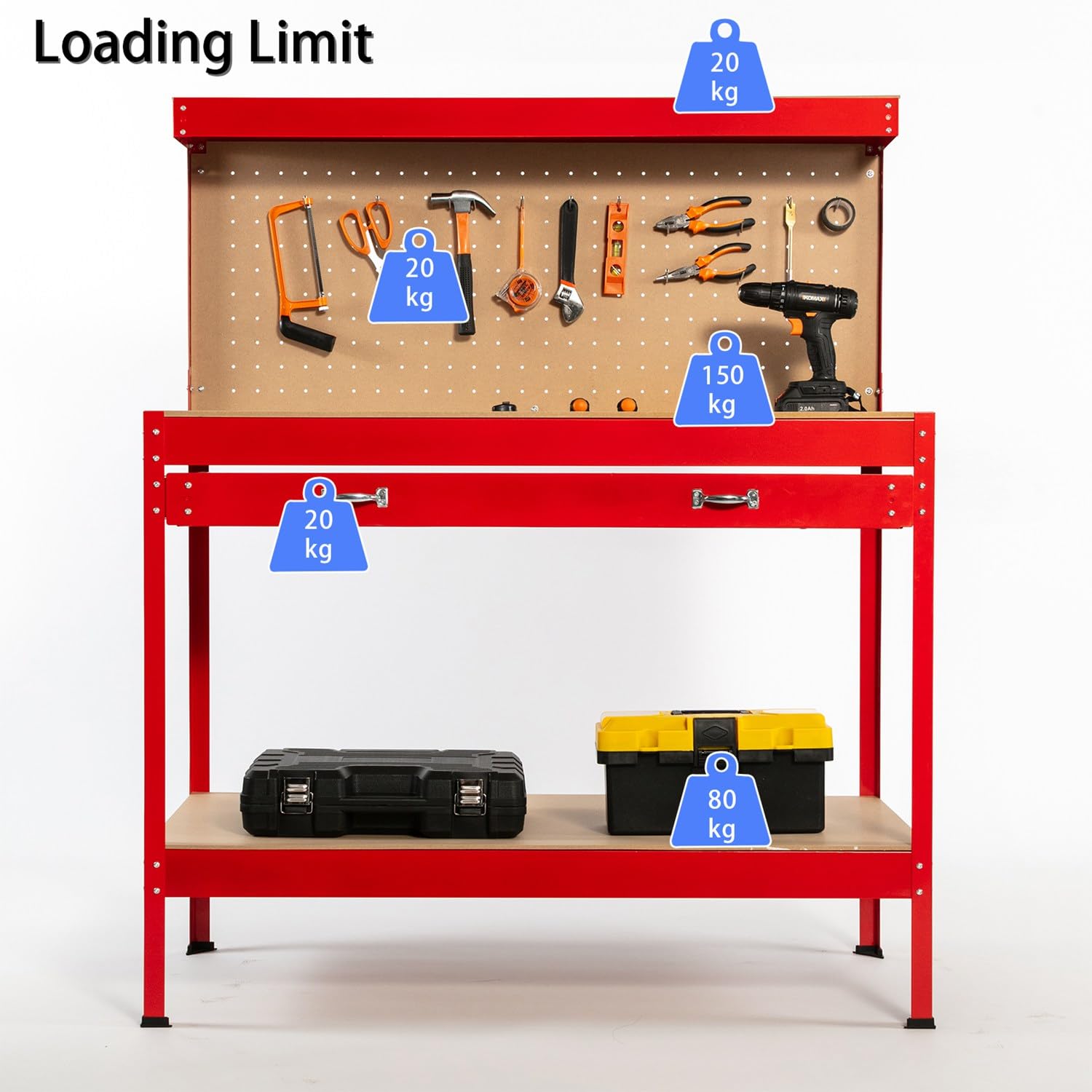 Foxhunter – Pannello forato per attrezzi lavoro banco da lavoro con attrezzi da garage in acciaio rosso con cassetti e ripiano per 12 pioli DIY workshop station