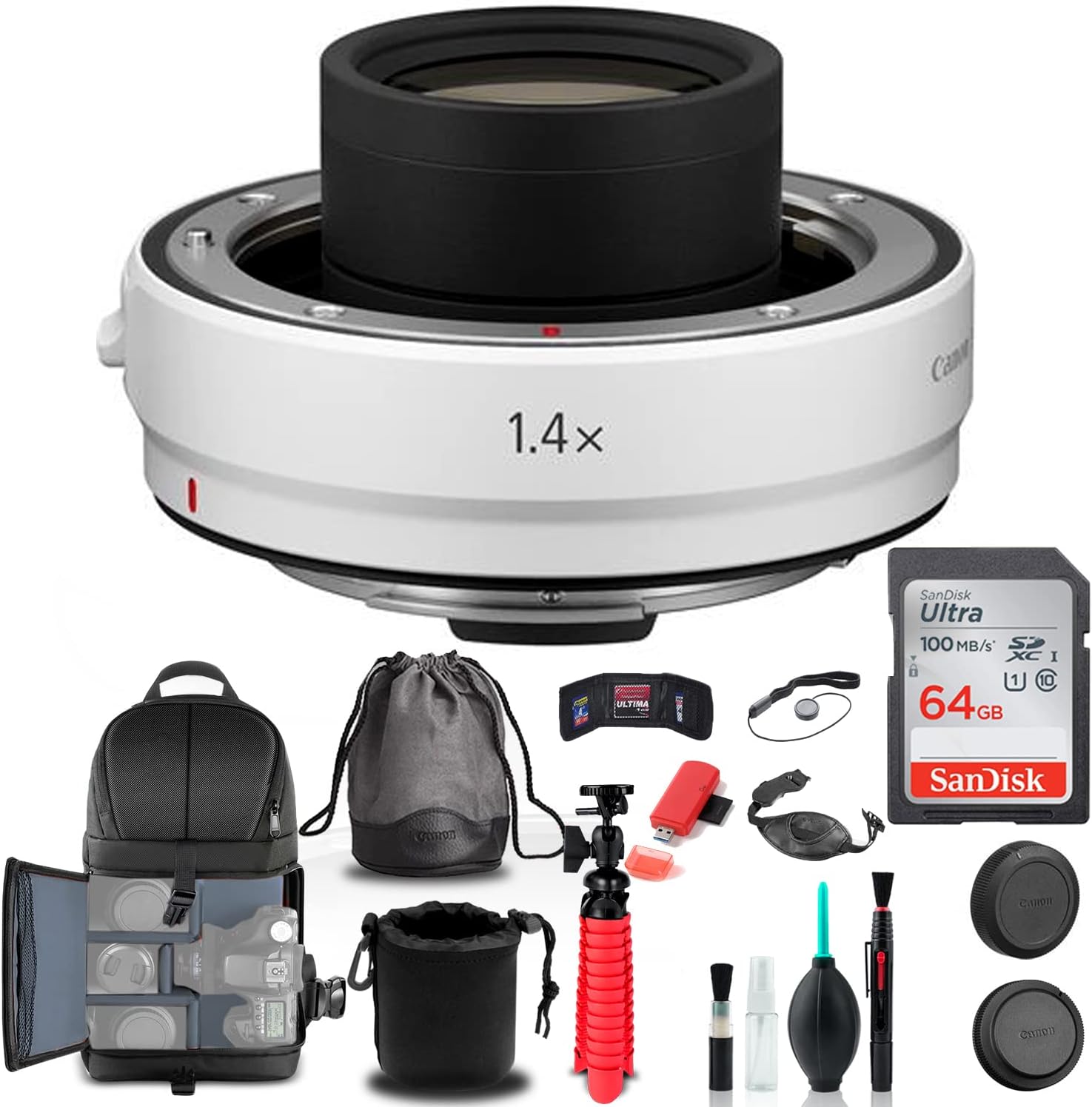 Canon Extender RF 1.4X (4113C002) + Backpack + 64GB Card + Lens Pouch + Card Reader + Flex Tripod + Memory Wallet + Cap Keeper + Cleaning Kit + Hand Strap + More