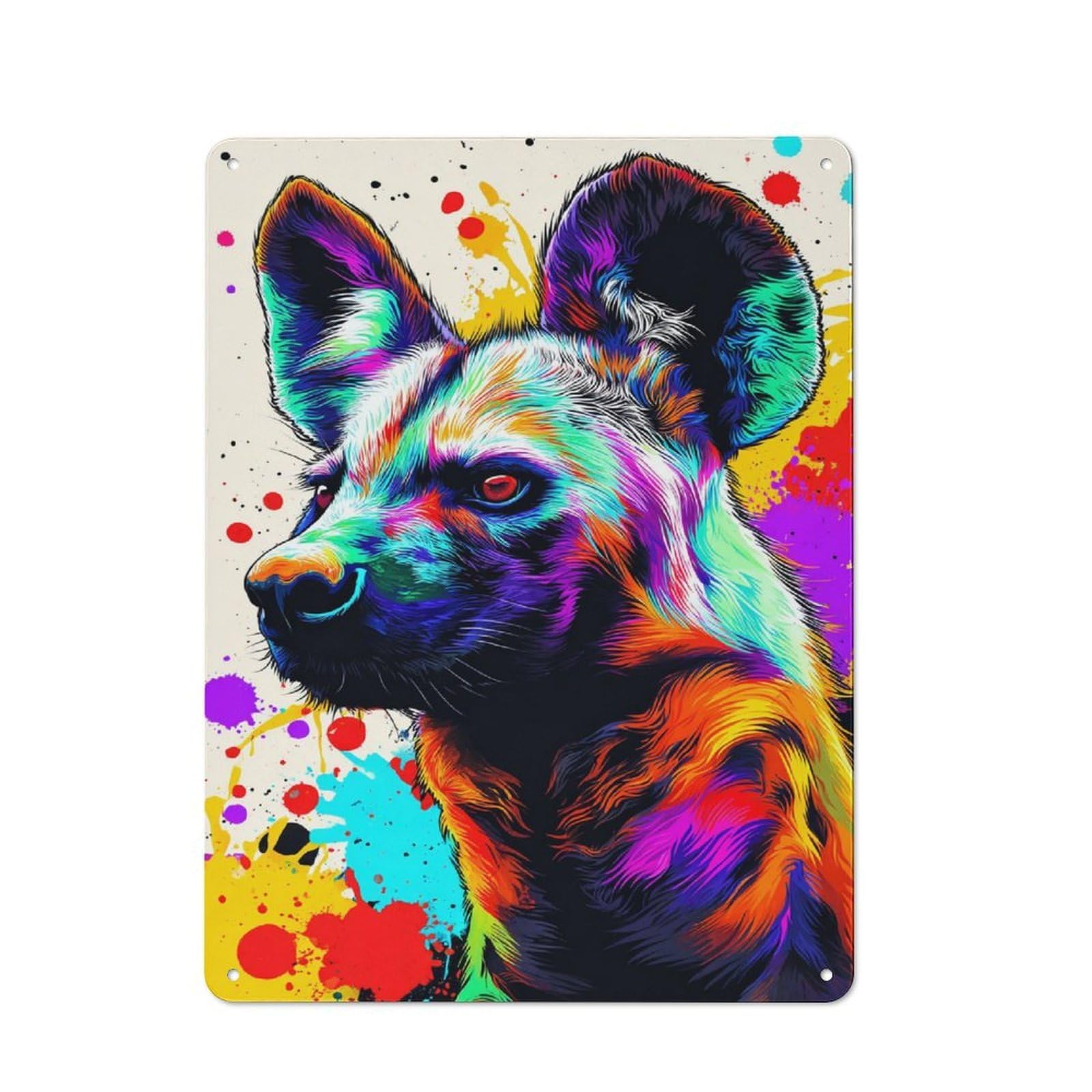 Junmoney Colorful Wild Dog Portrait -7 Tin Wall Plaque 40X30cm With For Home Bar Wall, For Hosts Who Enjoy Retro Interiors