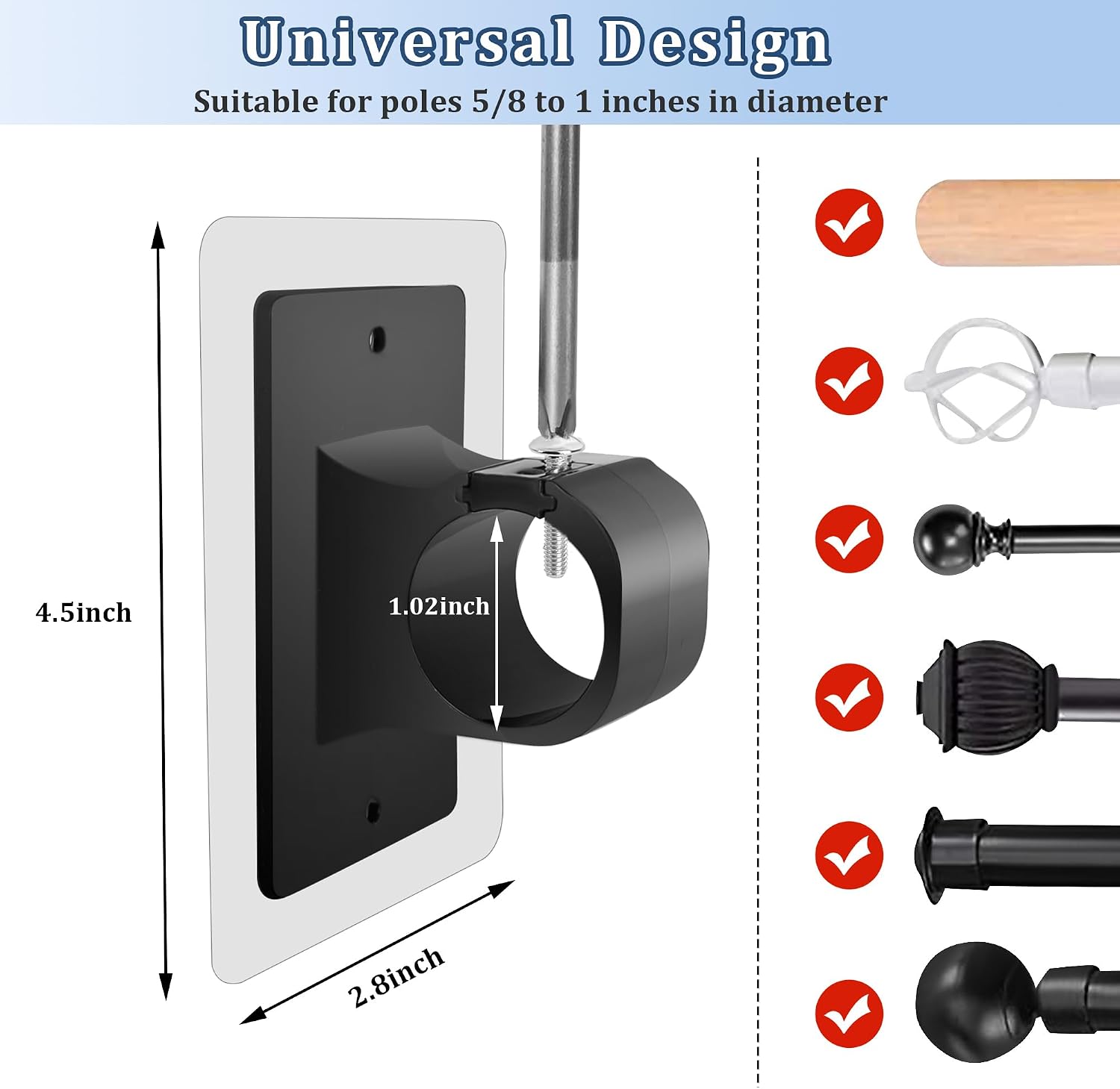 6PCS No Drill Curtain Rod Brackets,Self Adhesive Curtain Rod Holder No Drilling,Renter Friendly Drapery Rod Hook,Nail Free Adjustable Non Screw Draper Pole for Apartment Window Wall Door Ceiling Mount