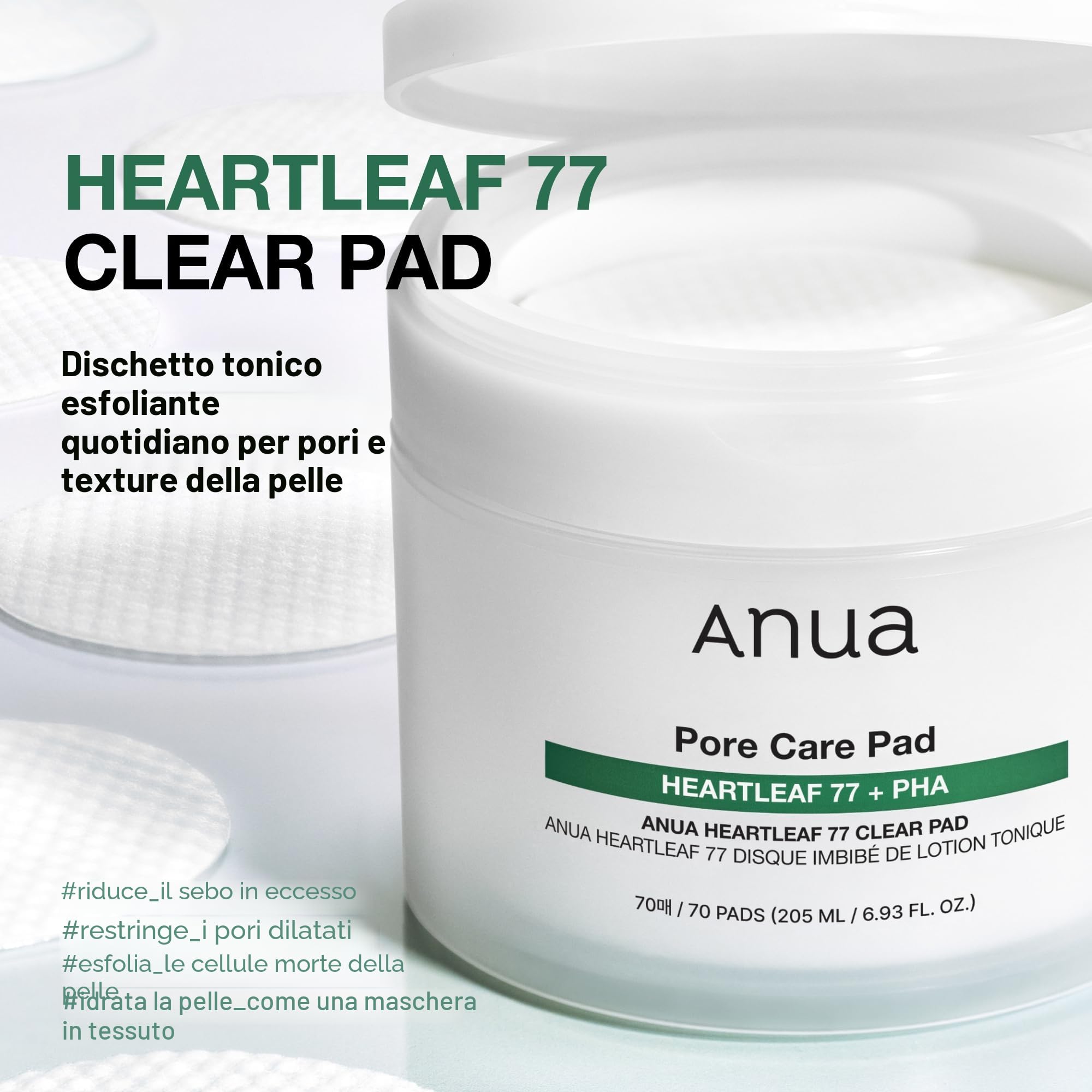 Anua Heartleaf 77 Toner Pads - Dischetti viso lenitivi ed esfolianti delicati con PHA, Heartleaf 77% e Centella, purifica pori e idrata pelle sensibile, non comedogenico, korean skincare (70 pads)
