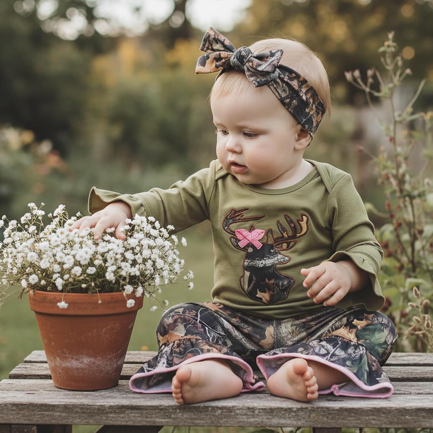 Newborn Baby Girl Hunting Clothes Deer Long Sleeve Romper Jungle Camo Flare Pants Set 3 Piece Fall Winter Outfit - Image 3