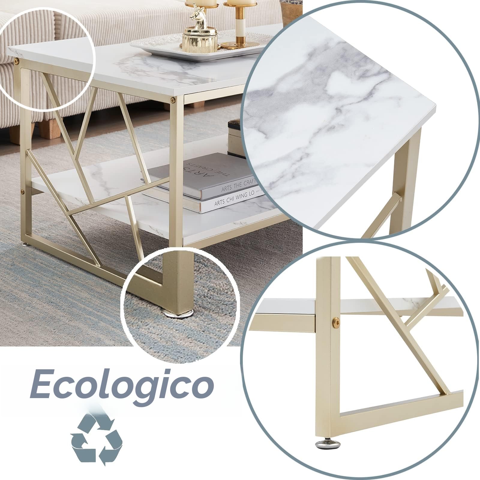 Tavolino da Salotto Bianco cornice dorata, Tavolino Salotto Moderno, Coffee Table in marmo effetto texture, Tavolo Salotto Moderno Rettangolare