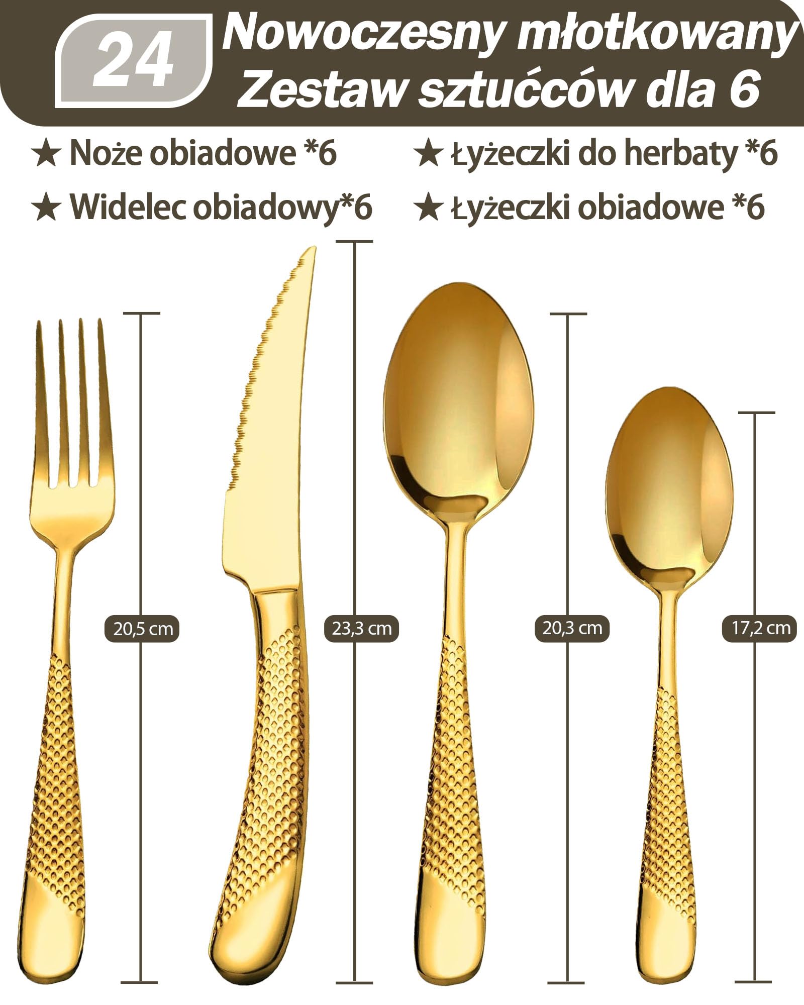 24-częściowy nowoczesny zestaw Złoty sztućców młotkowanych z bardzo ostrym nożem 2 w 1 ząbkowanym, zestaw przyborów ze stali nierdzewnej 18/10, zestaw sztućców dla 6 osób