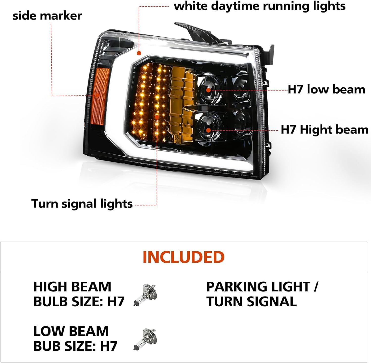 PZ Led Headlight Assembly Compatible with Chevy & GMC - Silverado 1500 2500HD 3500HD 2007-2014, Sierra 3500HD 2007-2014, Switchback Turn Signal, Clear Lens, Chrome Cover, Driver and Passenger Sides