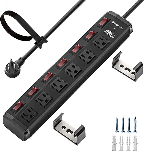 Miniatura 10 de CRST Multitoma metálica resistente de 6 tomas con interruptores individuales, multitoma de pared de 6 pies para garaje, protector contra Amarillo y