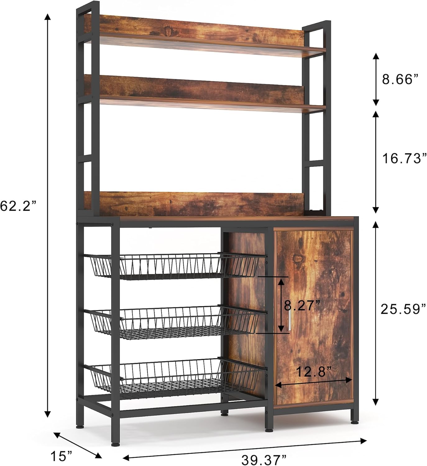 Kitchen Bakers Rack with Baskets and Door,Industrial Microwave Oven Stand,Utility Storage Shelf,Free Standing Kitchen Utility Cart Storage Shelf Organizer with Hooks