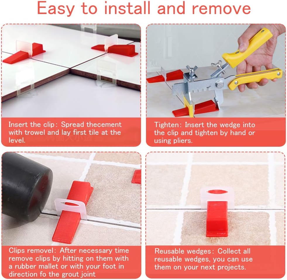Premium Tile Leveling System with Push Pliers, 300PCS 1/16 Inch Leveler Spacers Clips & Reusable 100PCS Wedges, DIY Tile Tools Set for Floor & Wall Construction by Tanek - - 