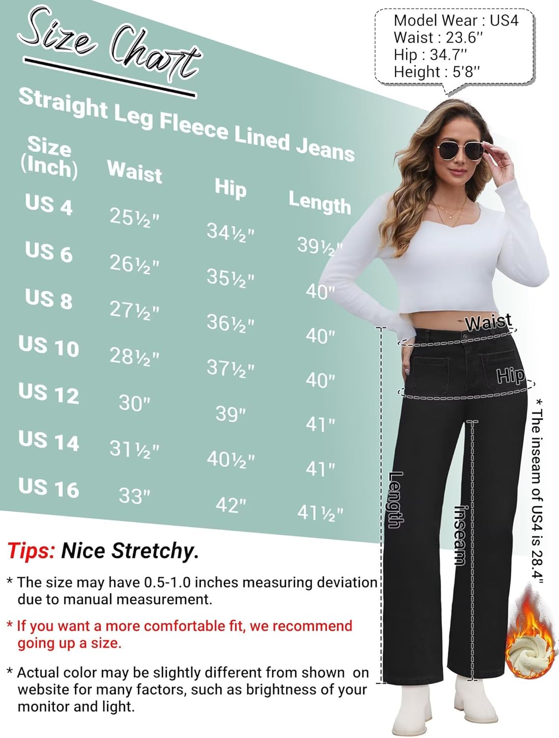 Fleece Lined Jeans Women Straight Leg High Waist Lined Jeans Winter Denim Pants for Women with Patch Pockets - Image 4