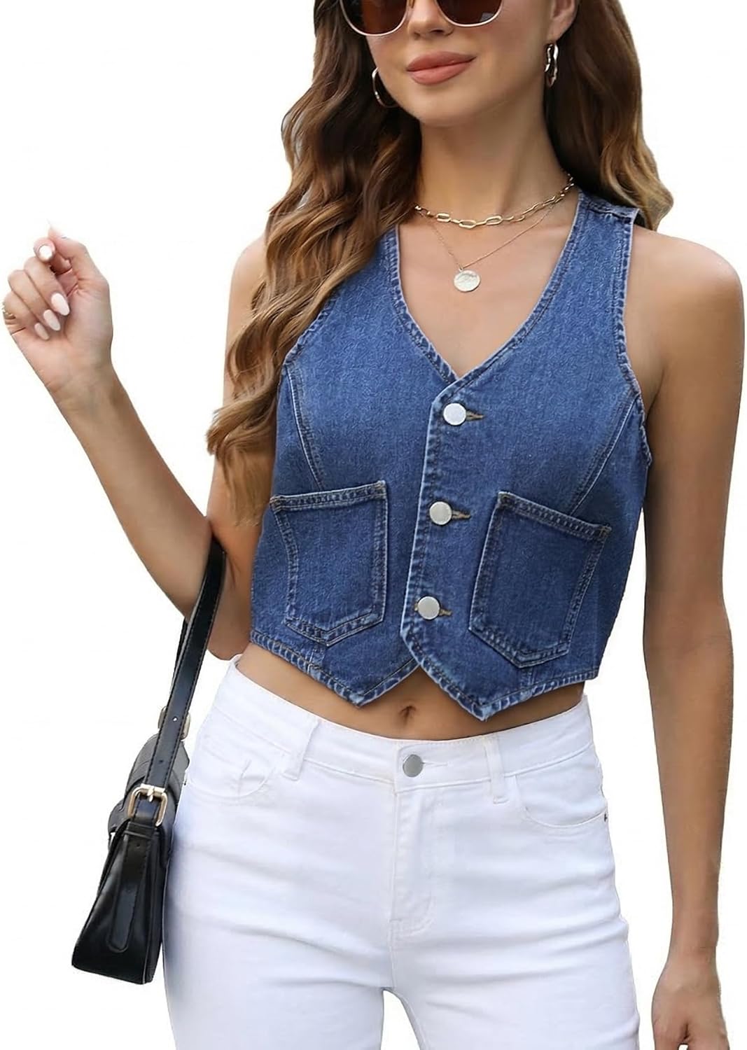 Ladyful Womens Crop Denim Vest Top Sleevelesss V Neck Button Up Jean Waistcoat Vest Summer Western Outfits