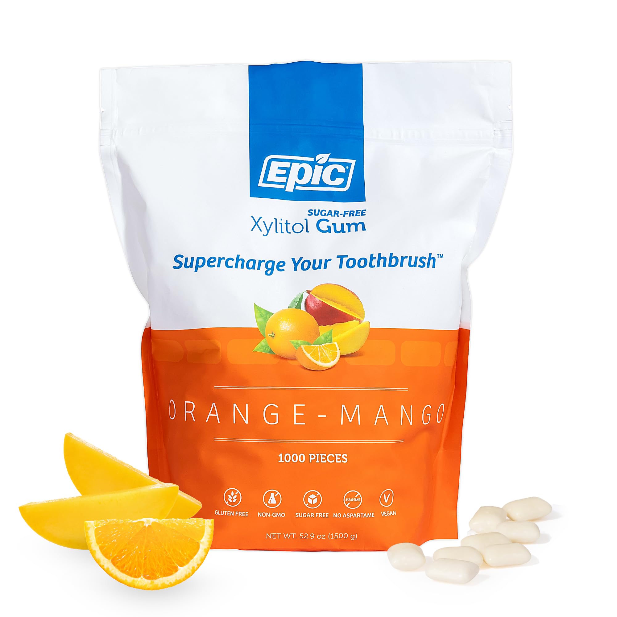Epic 100% Xylitol Orange Mango Chewing Gum - Sugar Free, Aspartame Free Dental Gum - Supports Oral Health & Fresh Breath - 1000 Pieces