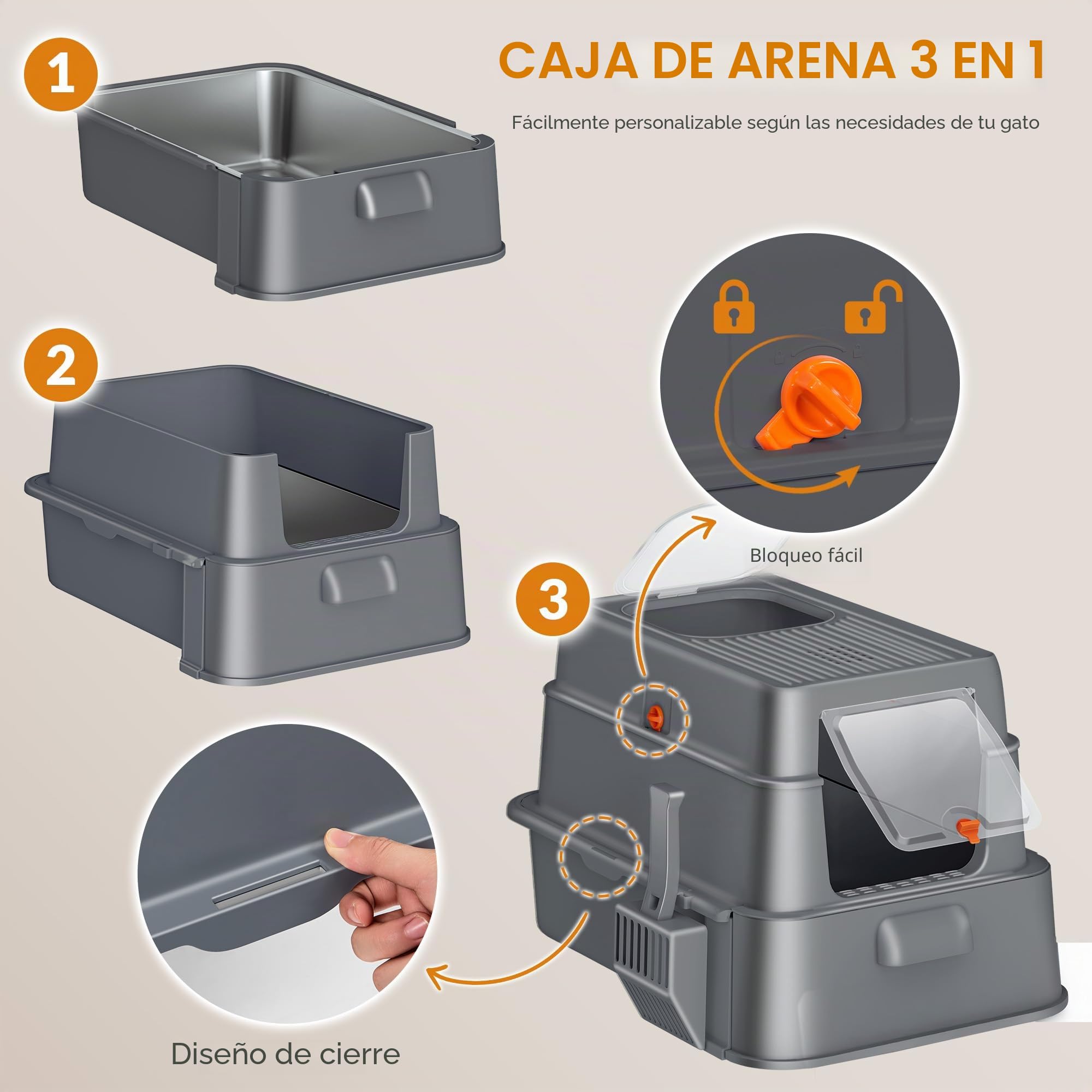 Arenero Acero Inoxidable Gatos con Cajón, 65x44x40cm, Gris Oscuro | XXL Arenero Metalico Cerrado para Gatos, Incluye Pedal y Pala, Control de Olores, Fácil de Limpiar, Dos Entradas FPLB201SG2