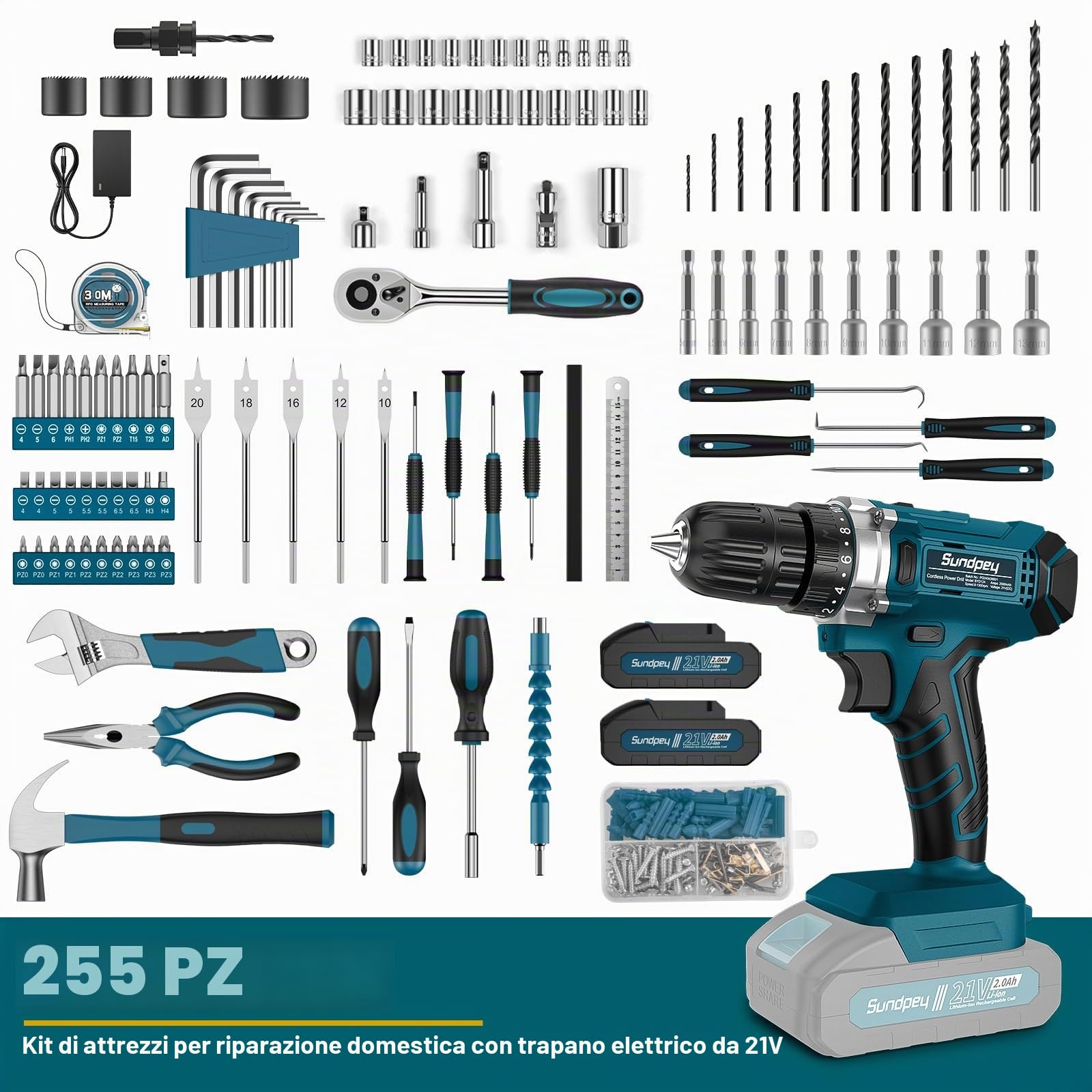 Sundpey Cassetta Attrezzi Completa 255 Pezzi con Trapano Avvitatore Batteria 21V, Avvitatore a Batteria Set Attrezzi da Lavoro con Cassetto per la Casa e la Riparazione Dell'auto per Fai Da Te