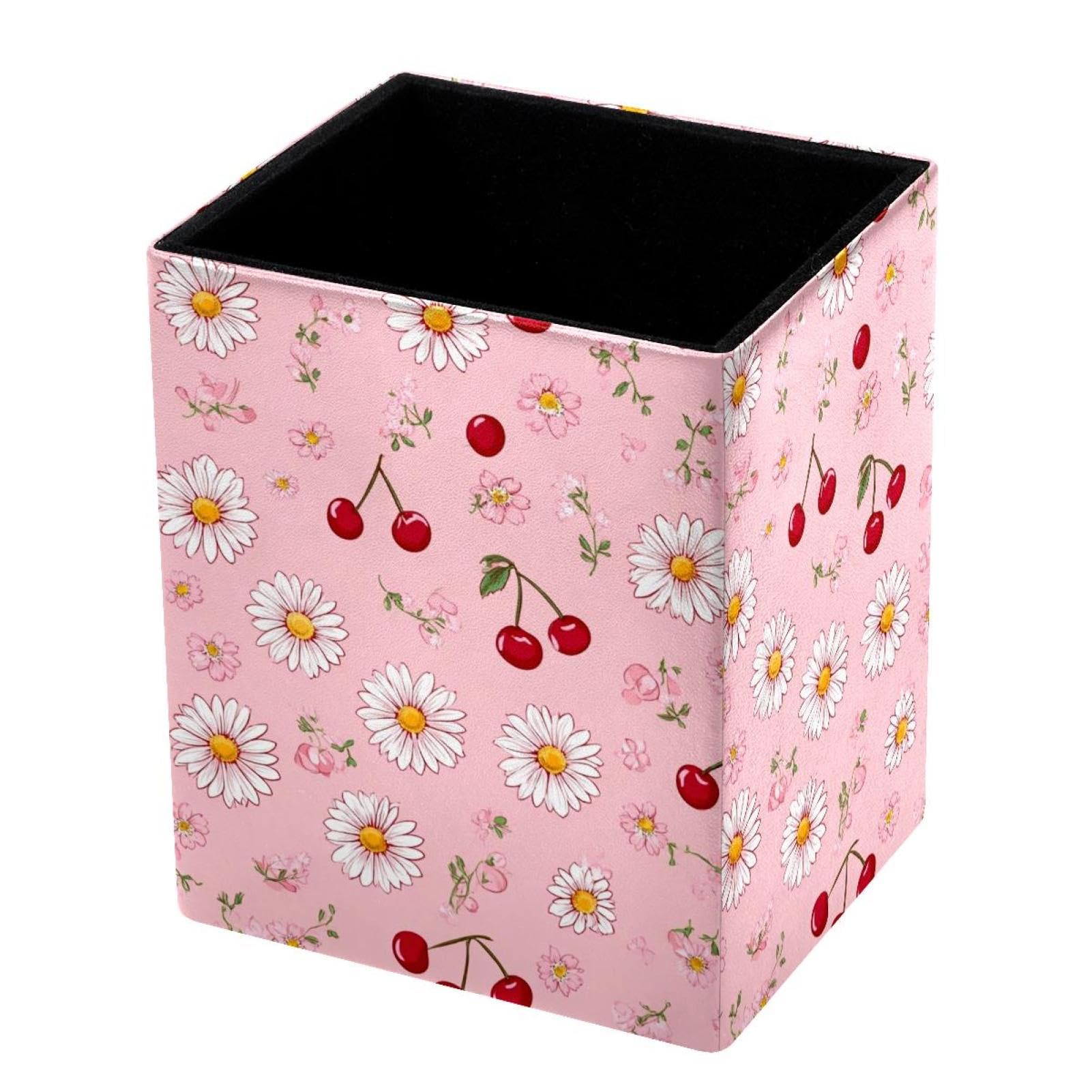VAPOKF Pencil Holders for Desk, Daisies and Cherries Printed Pen Holders Pen Pot Makeup Brushes Storage Desktop Stationery Supplies Organiser for Home Office