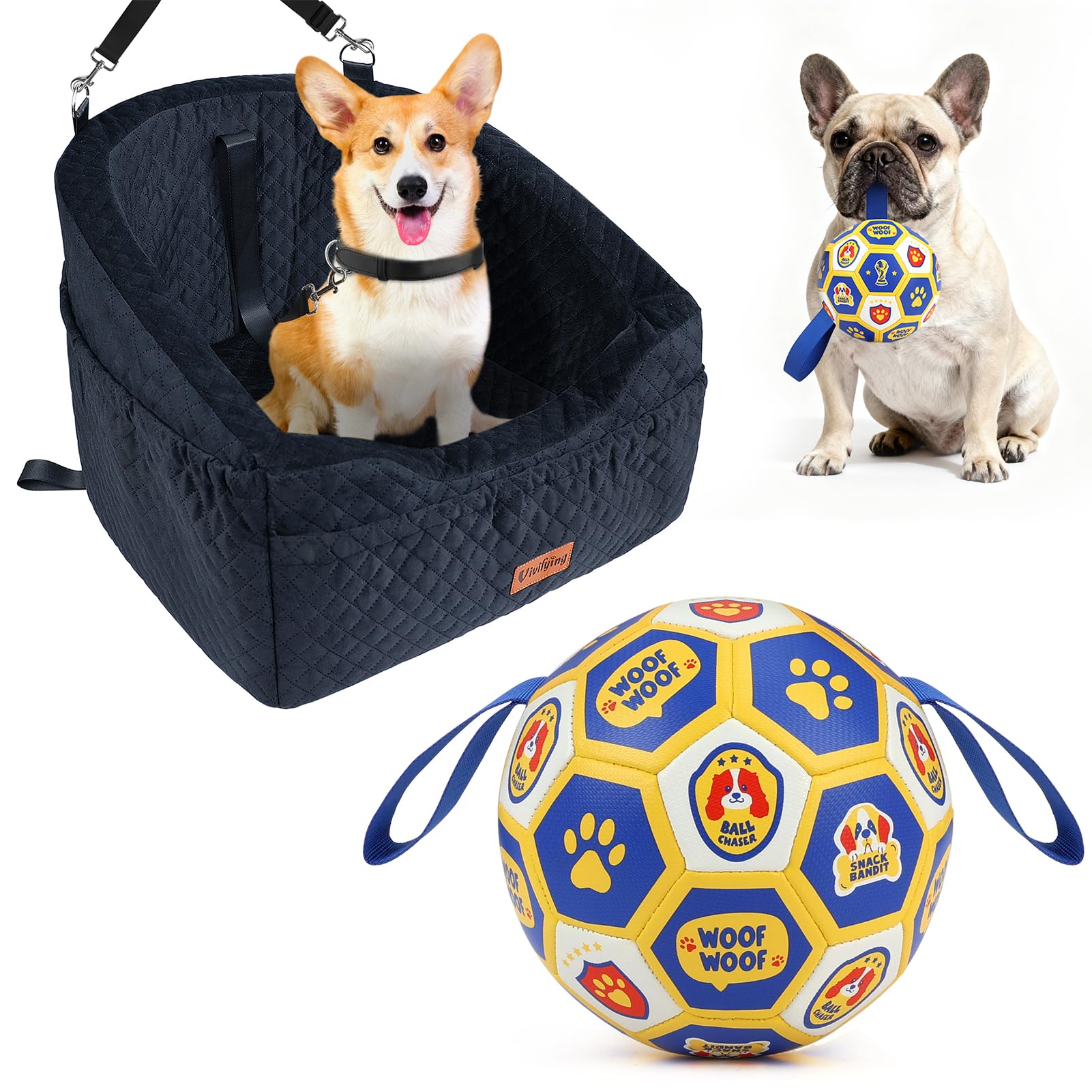 Vivifying Dog Toys Balls, 6 Inch Durable PU World Cup Soccer Ball for Small Medium Dogs, Interactive Training Toy with Straps for Indoor and Outdoor Tug-of-War