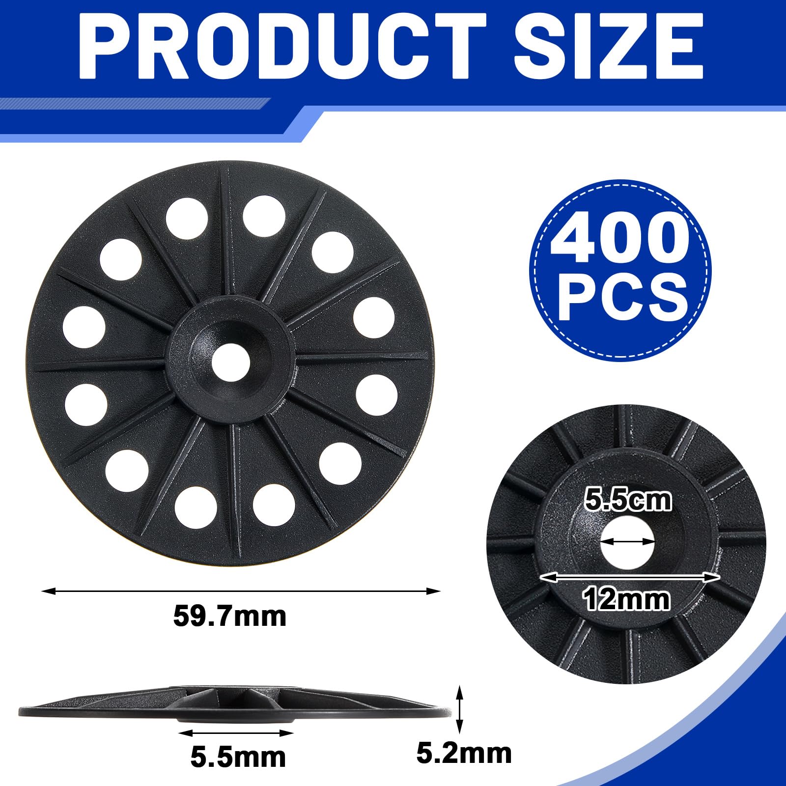 Fabbay Lot de 400 rondelles en polypropylène de 60 mm pour fixation de panneaux isolants en mousse rigide et feuilles en plastique pour vis et clous - Noir