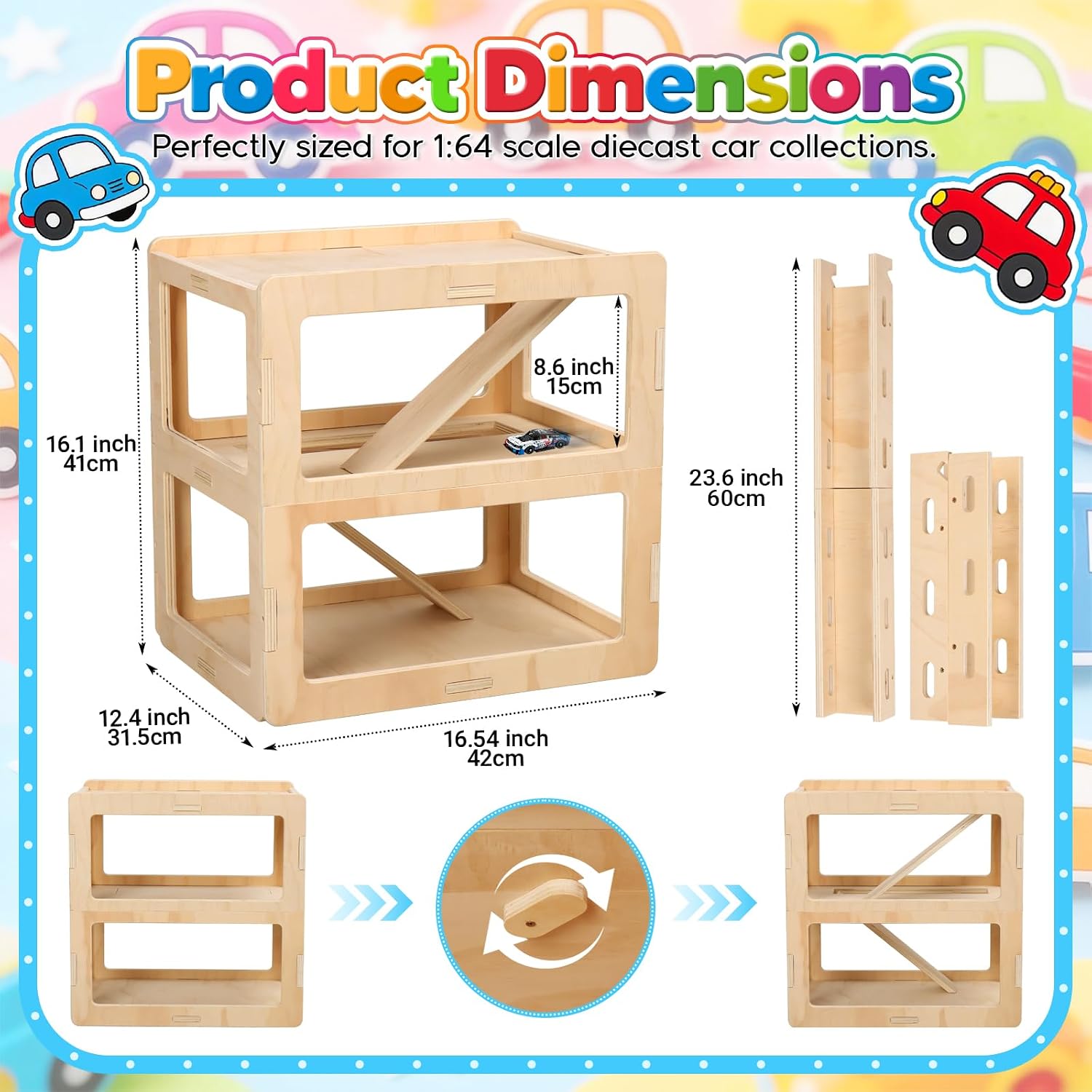 Wooden Toy Car Display Case Compatible with Hot Wheels & Matchbox, 1/64 Scale Parking Garage Storage with Foldable Racing Ramp, Easy Pin-Style Assembly Shelf for Kids Room Decor
