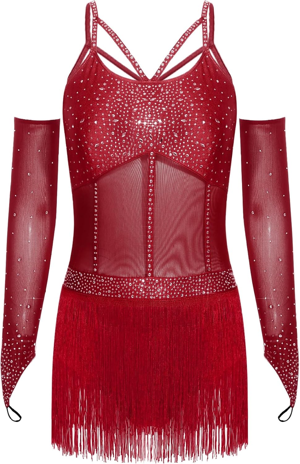 Women's Rhinestones Latin Jazz Dance Leotard Fringe Salsa Tango Ballroom Dance Bodysuit with Sleeves