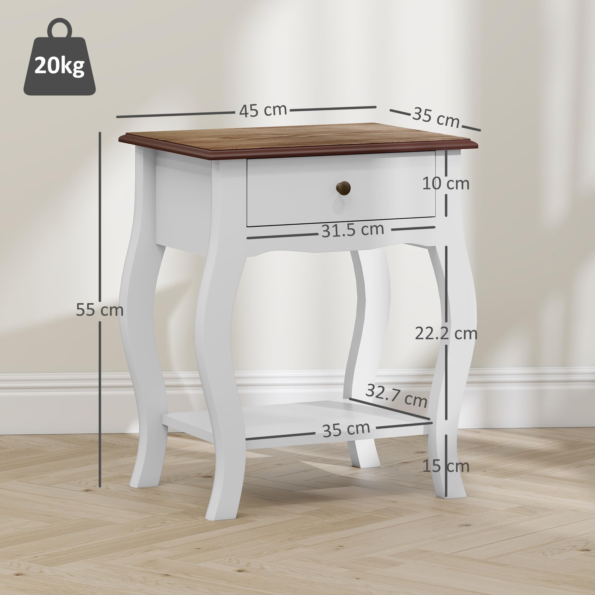 HOMCOM Comodino Camera da Letto con Cassetto e Ripiano Aperto in Stile Francese, Comodino Stretto Salvaspazio in MDF, 45x35x55 cm, Bianco e Rovere
