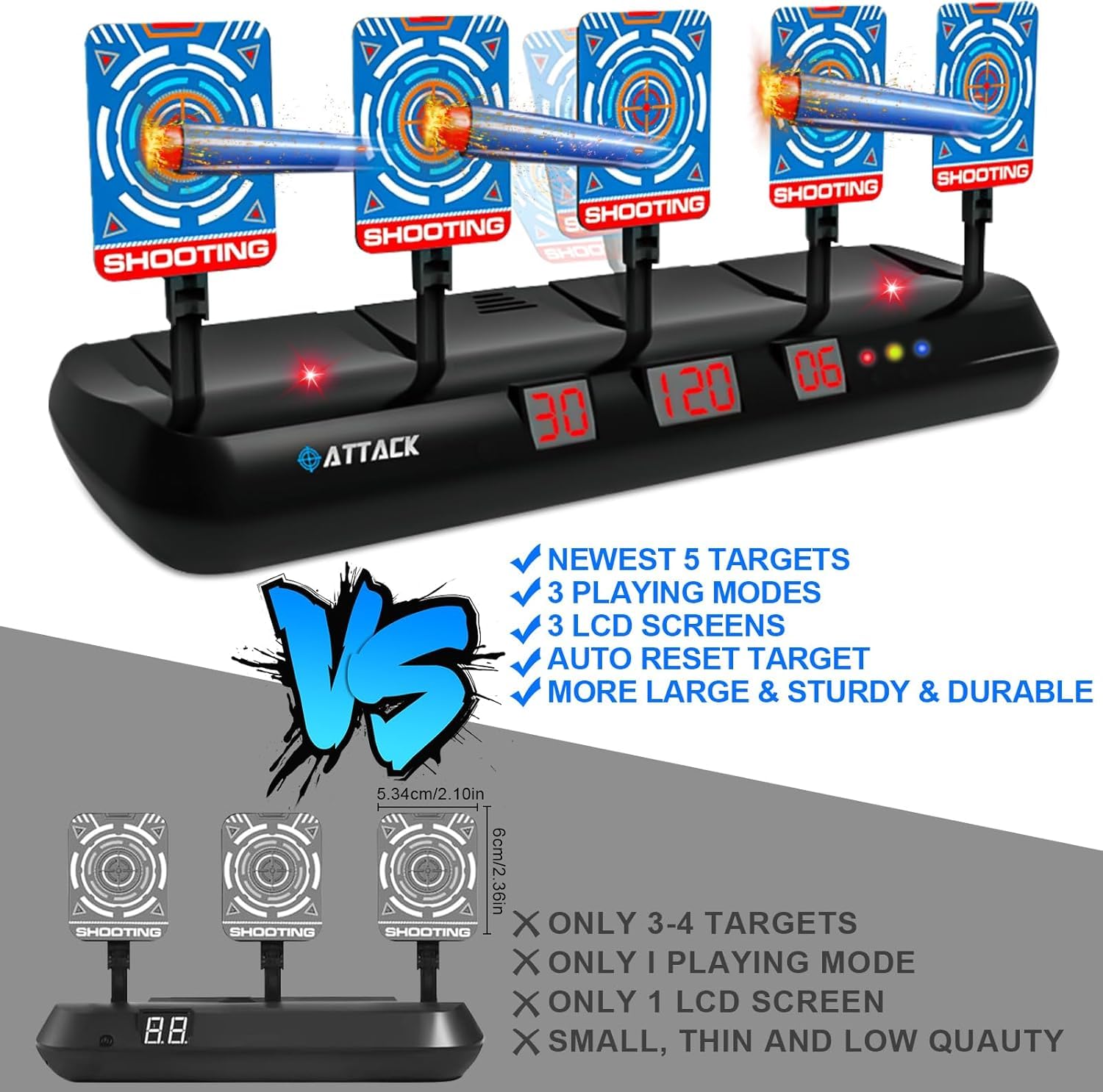Cible pour Nerf avec 5 Cibles 3 Modes, Cible avec Pistolet Jouets, Gilet Tactique, 30 Mousse Fléchettes, Jeu Electronique de Tir avec Effet Lumineux et Sonore, Jouet pour 3+ an Garçons Filles