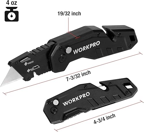 Miniatura 4 de WORKPRO Cuchillo utilitario plegable, cortador de caja con clip para cinturón, hoja de cambio rápido, mango ligero de nylon, pelacables y gancho