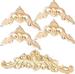 Wood Appliques Decorative Wood Appliques and Onlays for Furniture DIY Wood Carved Onlays Appliques Long Wood Trim Appliques for Bed Door Cabinet Wardrobe 15.7 x 4.3 inch, 4.72 x 4.72 inch (5 Pieces)