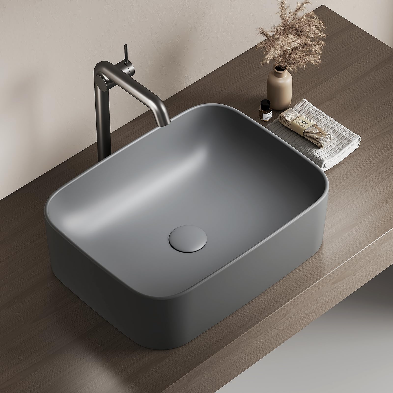 EMKE Lavabo de Cerámica, Rectangular 61 × 38 × 15 cm, Lavamanos para Aseos, Lavabo Cerámico para Cuartos de Baño,Gris Mate