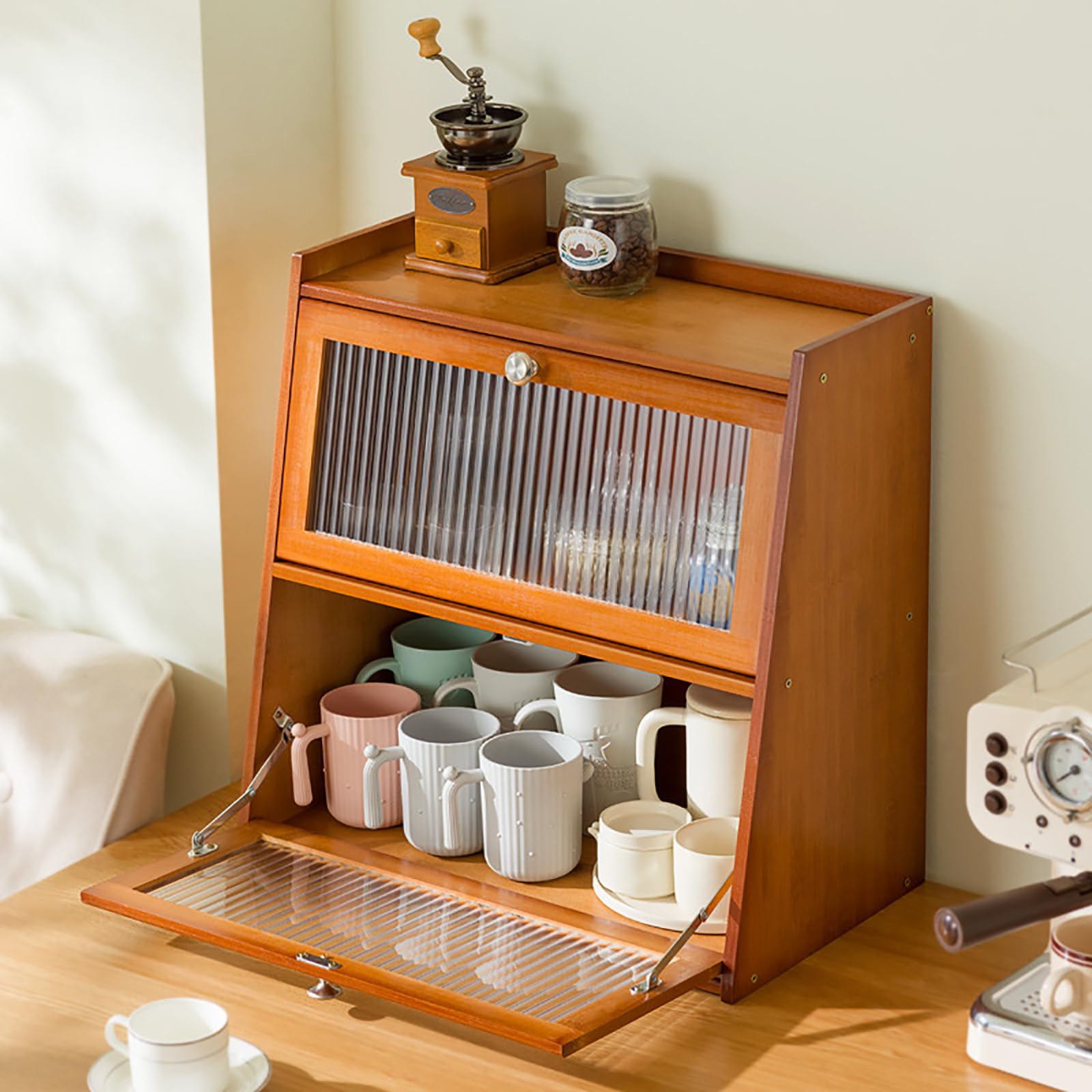 Piccola credenza in bambù da cucina per piano di lavoro, credenza per buffet, cucina, mobile da cucina con porta in acrilico, contenitore per spezie, utensili da cucina, tazze, oggetti di