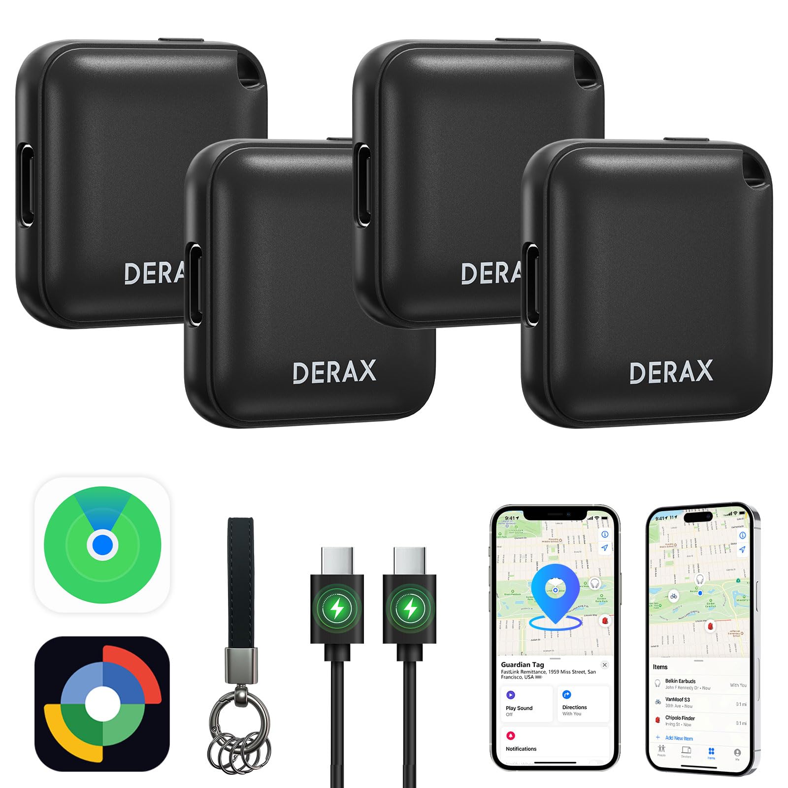 DERAX Bluetooth Tracker (iOS and Android) 4 Pack, Rechargeable Tracker Tags Compatible with iOS and Android, Anti-Lost Item Finder for Keys Wallet Luggage Backpack, Black
