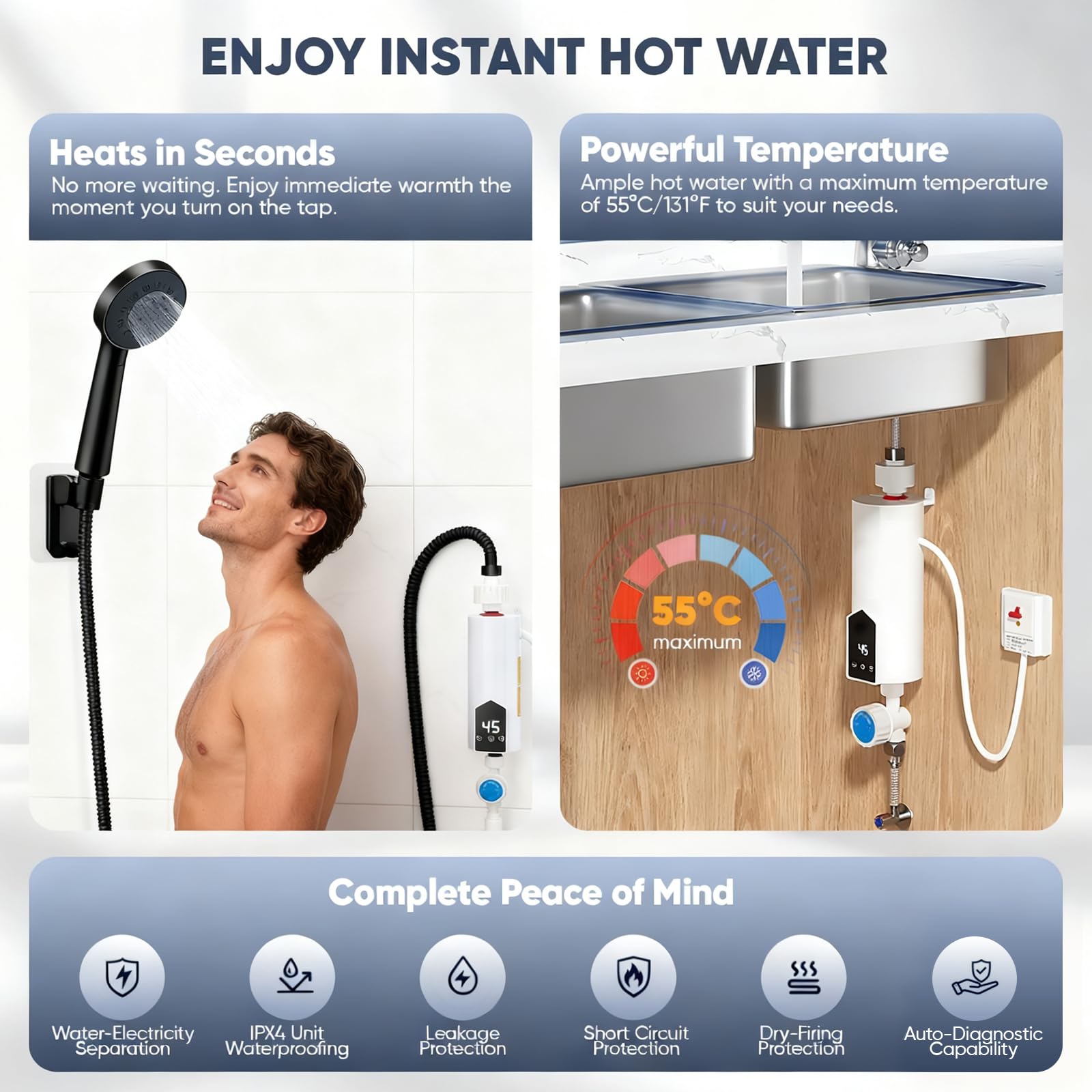 Calentador de agua sin depósito de 5500 W con juego de ducha, calentador de agua instantáneo de 220 V con pantalla digital LCD y botones táctiles, adecuado para ducha, baño/cocina/lavabo (F)