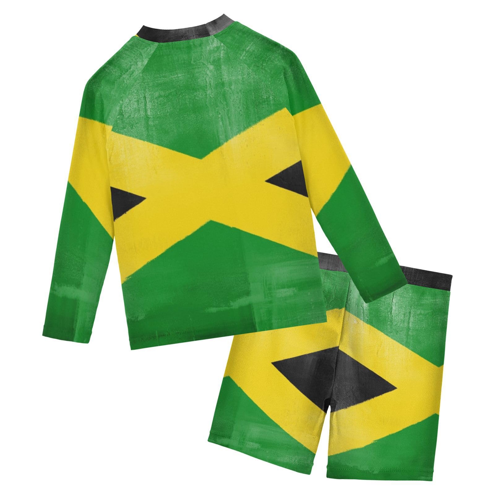 Aflyko Patriot Boys Girls Rash Guard Set Jamaica Flag Vintage Grunge Swim Outfit Pollover Bathing Suit Fishing Sun Shirt Quick Dry Swimming Surfing Shorts, 9-10T Multicoloured