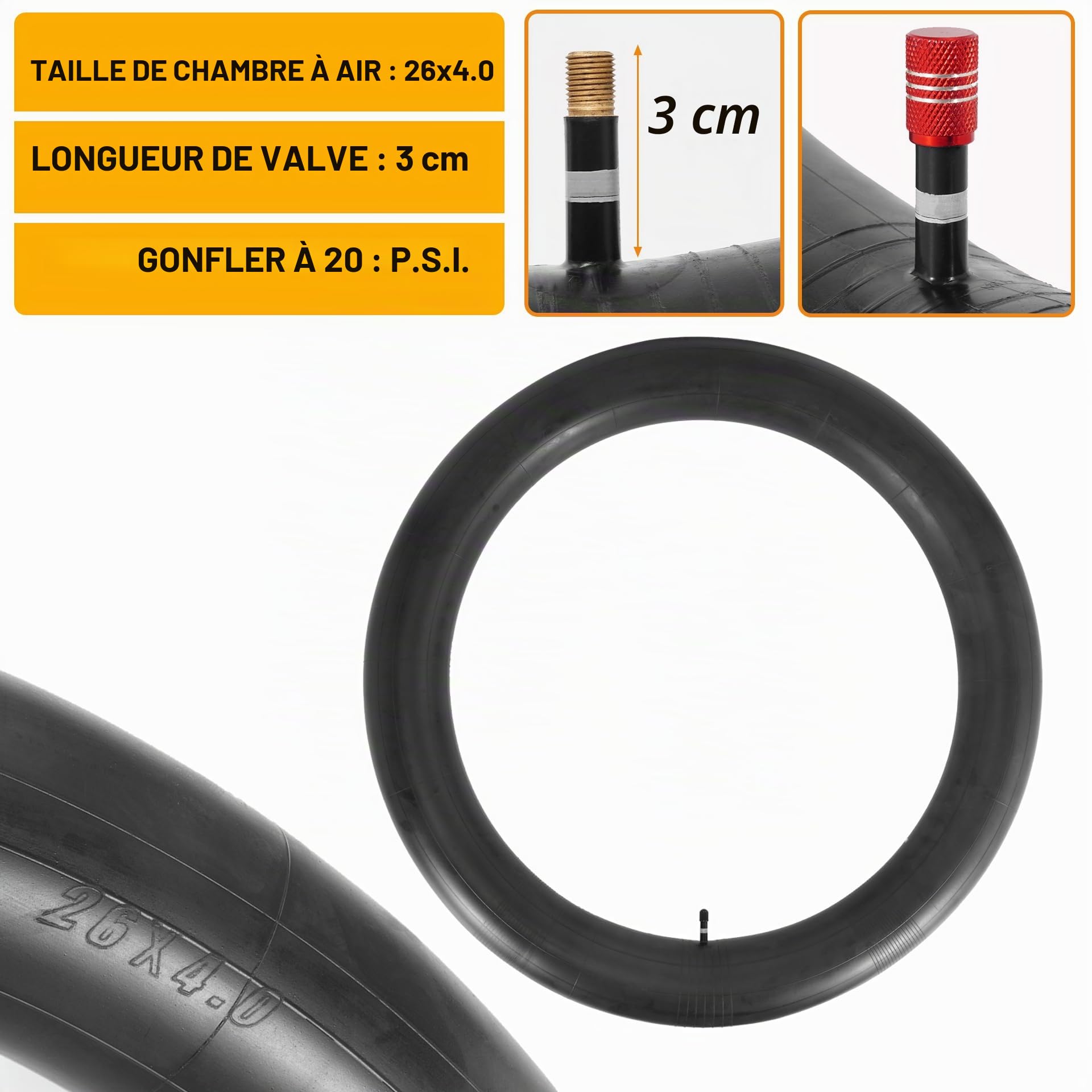 Pneu et Chambre à air Fat 26x4.0 pour vélo électrique - Lot de 1 - Noir | Pneu de vélo pliable haute performance résistant à l'usure 26 x 4, bande de roulement tout-terrain, diverses pièces pratiques