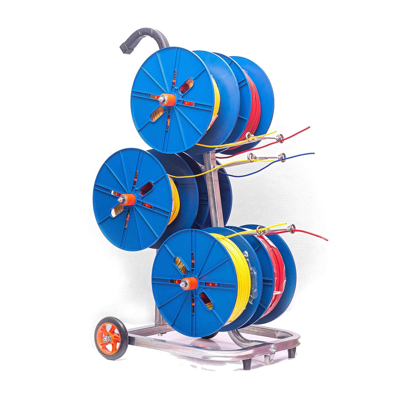 ZFUCMAYL Wire Spool Rack,Transportable Cable Caddy,Wire Spool Rack Dispenser,Blue Cart with Wheels,Plastic Disc,for Wire Pullers and Duct Reels(6 Reel)