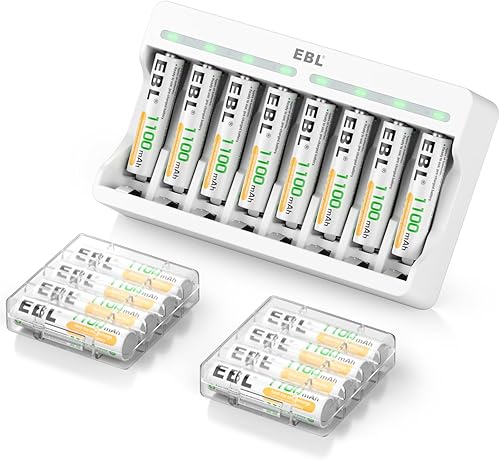 EBL Baterías AAA recargables con cargador, alta capacidad de 1100 mAh, batería triple A de baja autodescarga, cargador de batería individual AA AAA