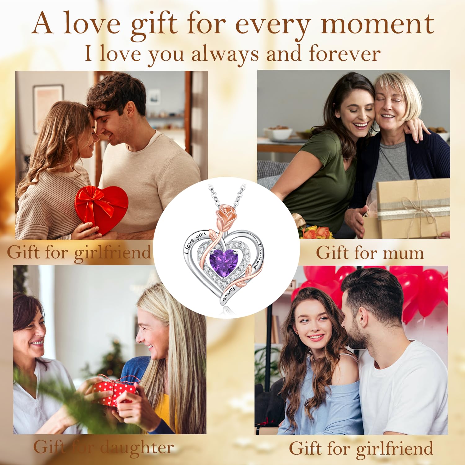 LAVUMO Halskette Damen Silber Doppel Herz Rose Schmuck Geschenke Frauen | Kette Damen Geburtsstein Halsketten Muttertag Geburtstag Valentinstag Weihnachten Hochzeitstag Geschenk für Frauen Freundin