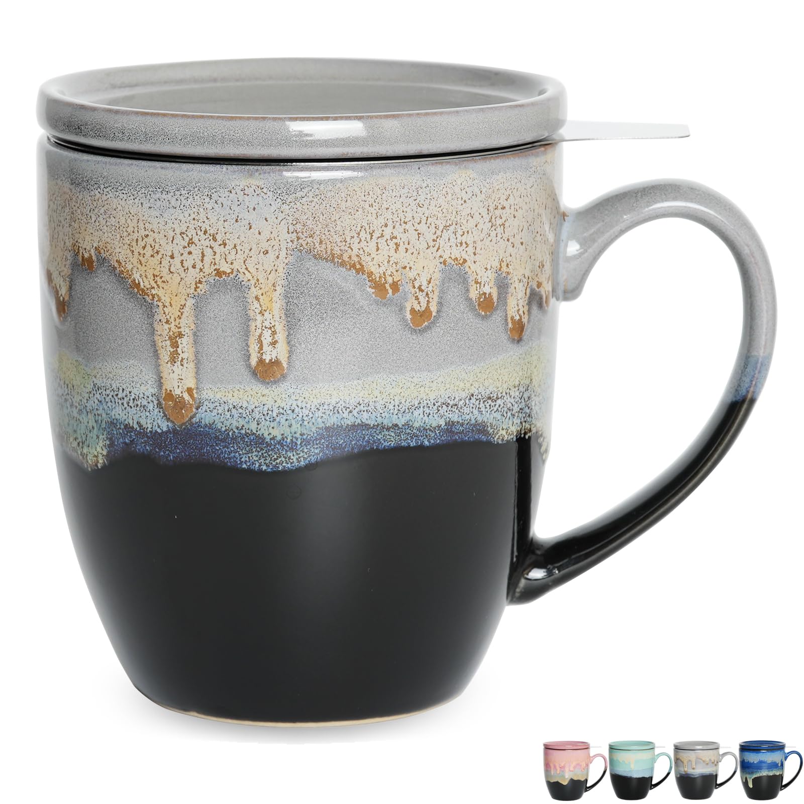 Bosmarlin Ceramic Tea Cup with Infuser and Lid, 16 Oz, 4 Color to Choose Dishwasher and Microwave Safe, Steeping Tea Mug with Strainer (Grey)
