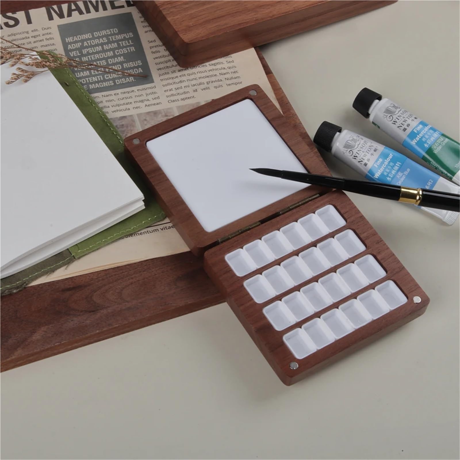 Taca do mieszania farb, Zestaw palet do mieszania farb akwarelowych z pudełkiem paletą czarnego orzecha i półmiskami o pojemności 0,5 ml(Wooden Box Set)