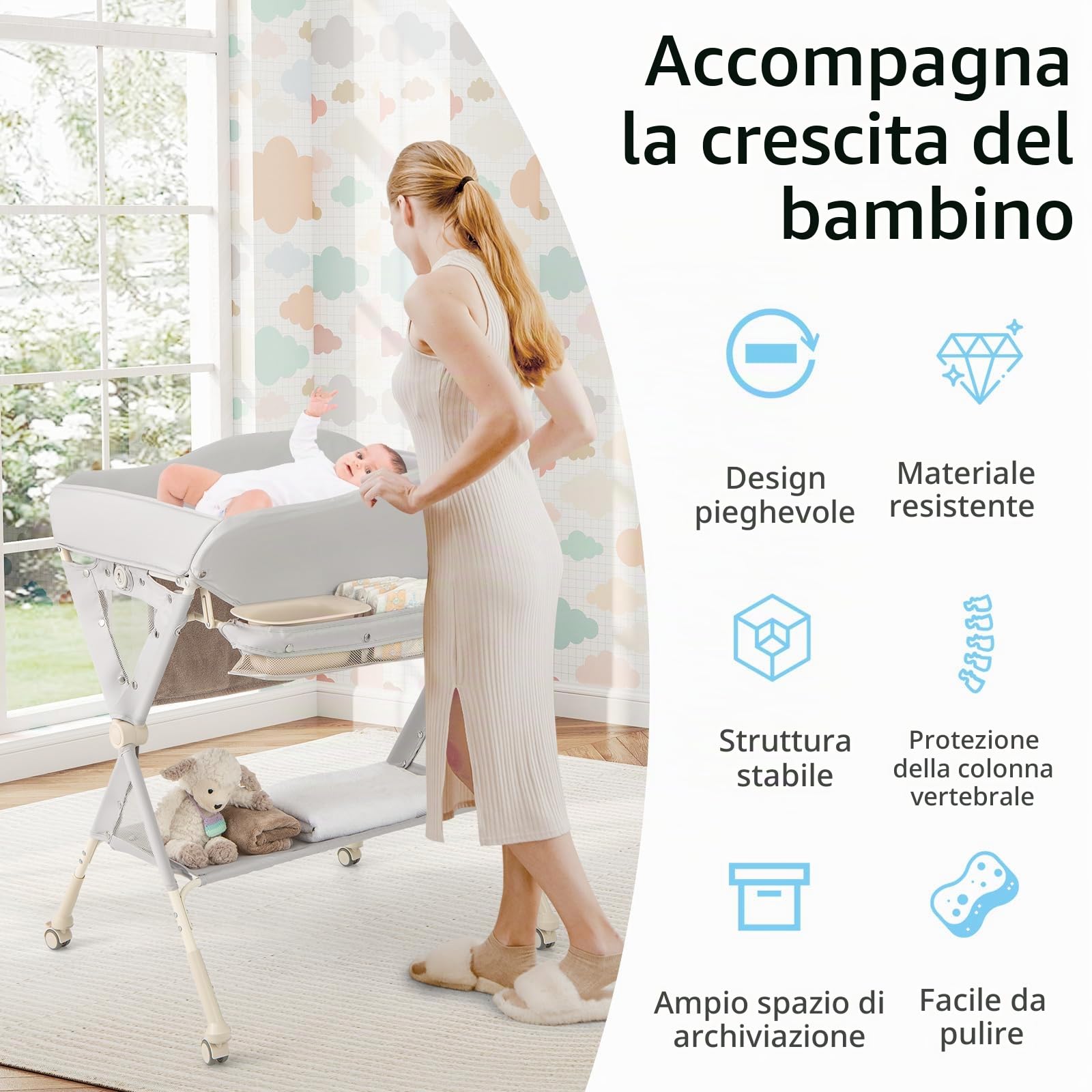 LIFEZEAL Fasciatoio con Ruote Universali, Fasciatoio Pieghevole e Portatile in Tessuto Resistente e Impermeabile con Piccola Vasca, Struttura Robusta, Capacità di 15 kg, per Bambini 0-6 Mesi, Grigio