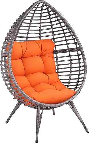Outsunny Silla de mimbre para patio con cojín suave, asiento de lágrima, silla de patio para exterioresinteriores, muebles de ratán de plástico PE