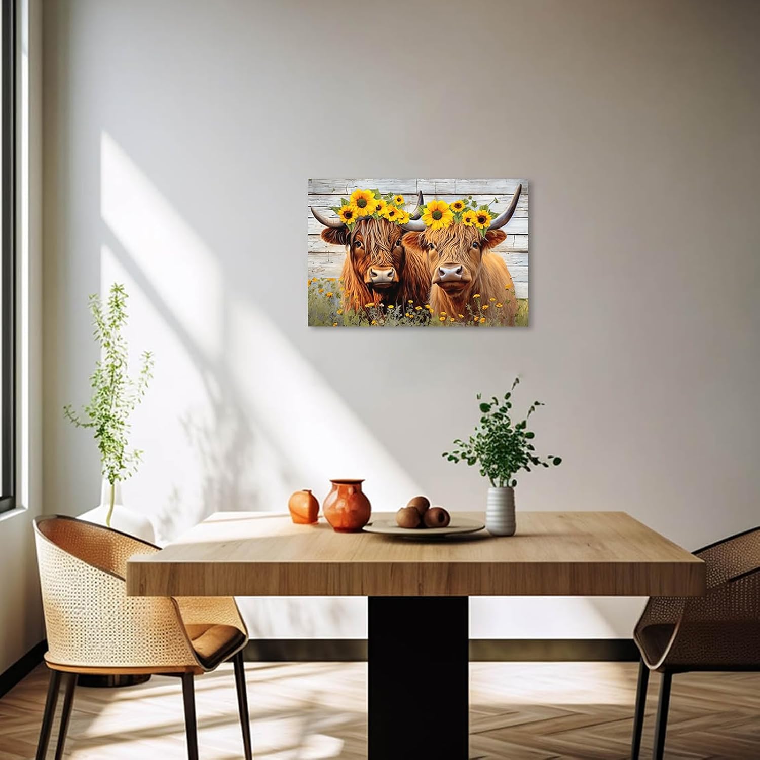 ZXHYWYM Highland Cow Couple Canvas Wall Art Cute Cattle with Sunflower Poster Prints Western Animals Pictures for Country Kitchen Bathroom Decor Framed(2, (12.00" x 18.00"))