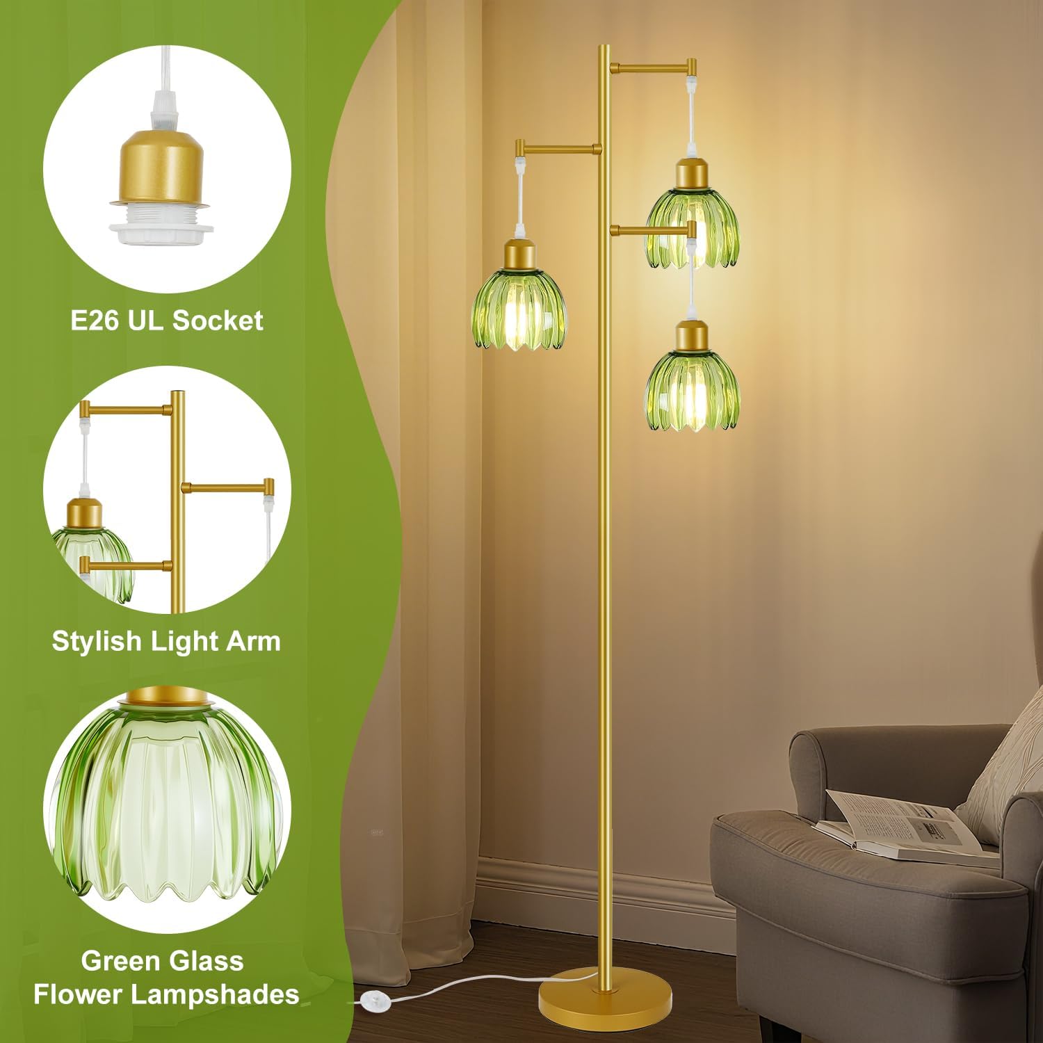 3 Light Flower Floor Lamps for Living Room,Modern Tree Floor Lamp with Foot Switch,Gold Floor Lamp with Glass Shade Vintage,Retro Standing Lamp Includes 3 Bulbs,Boho Tall Lamp for Bedroom Deco