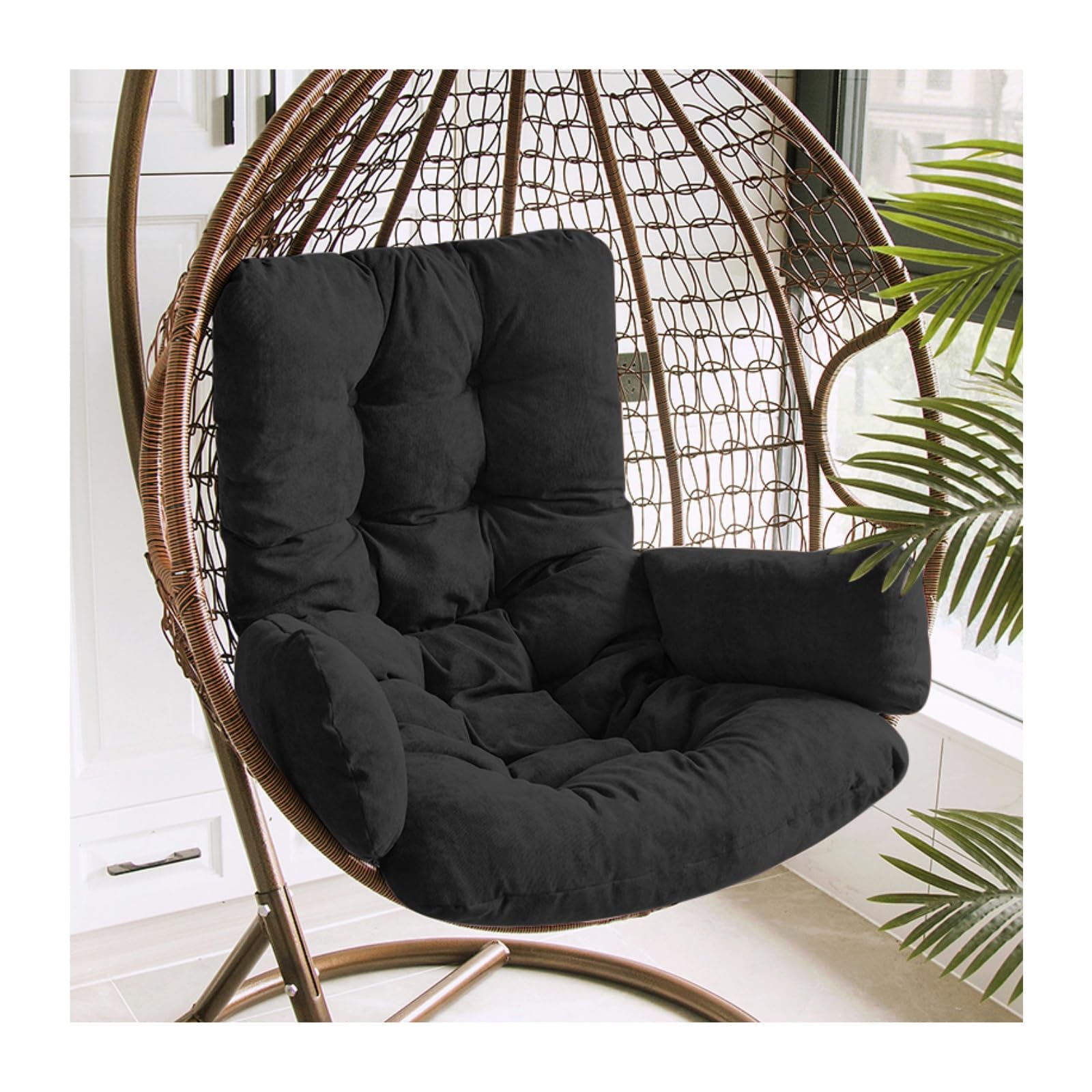 Whilmsiy Orbiatils - Silla de huevo colgante interior con columpio extraíble de mimbre, lavable y fondo antideslizante(Negro)