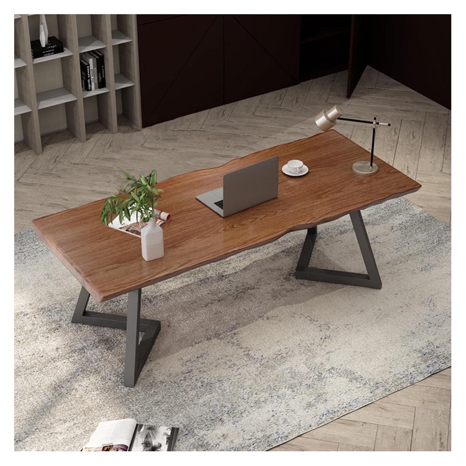 Wdsopk 1 Writing Study Desk Solid Wood Computer Desk Home Office Desk Writing Desk Steel Frame Conference Table, Desktop Thickness 5Cm Laptop Table Office（180X80x75cm）