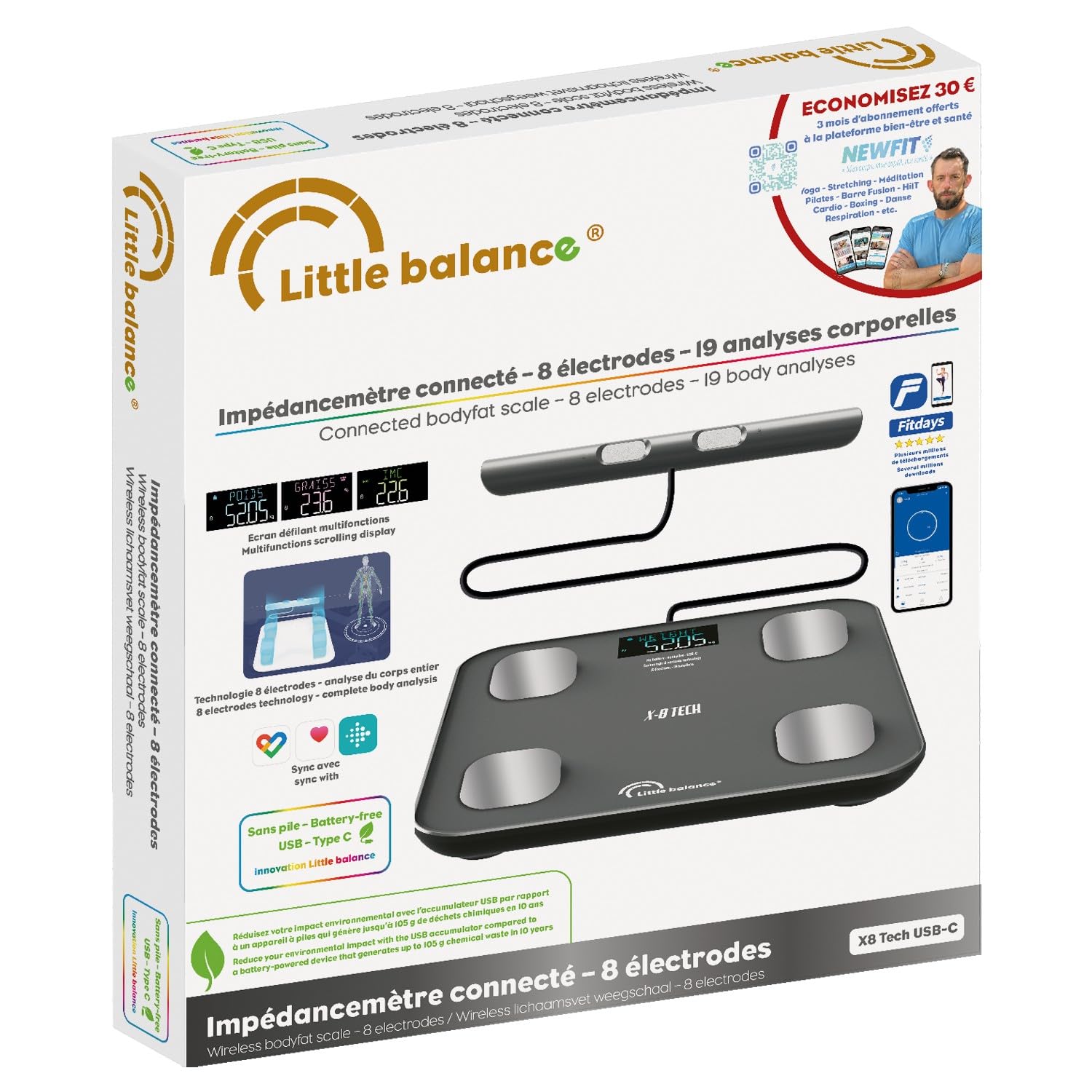 LITTLE BALANCE 8662 IC-X8 Tech USB, Pèse Personne Balance Connectée, Impédancemètre Connecté, Sans Pile, Rechargeable USB-C, 8 électrodes Haute Précision, 19 données corporelles, 180 kg/50 g, Gris