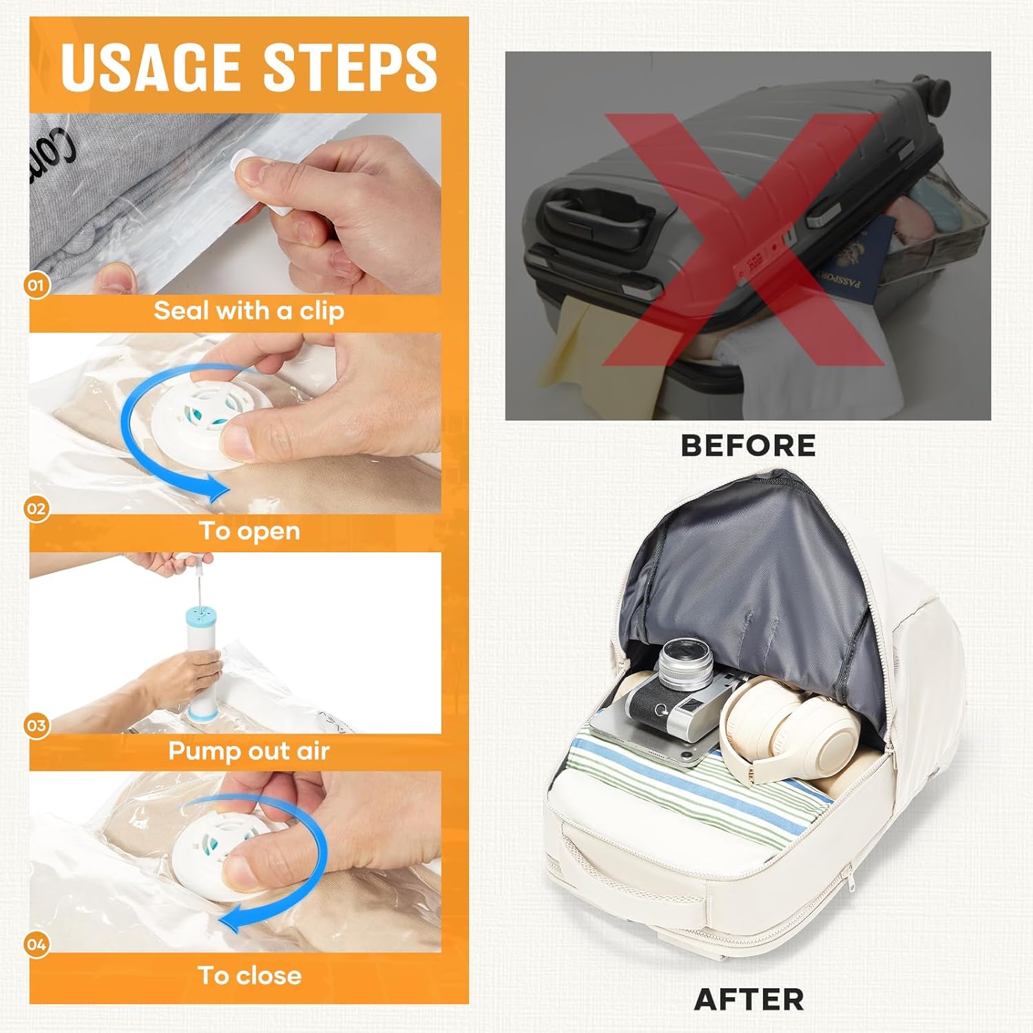Travel Backpack with 2 Pack Vacuum Bags and Hand Pump, Personal item Backpacks Vacuum Storage Bags for Women Men, Travel Essentials Space Saving Compression Bag for Backpack,Luggage,Suitcase, Beige - Image 3
