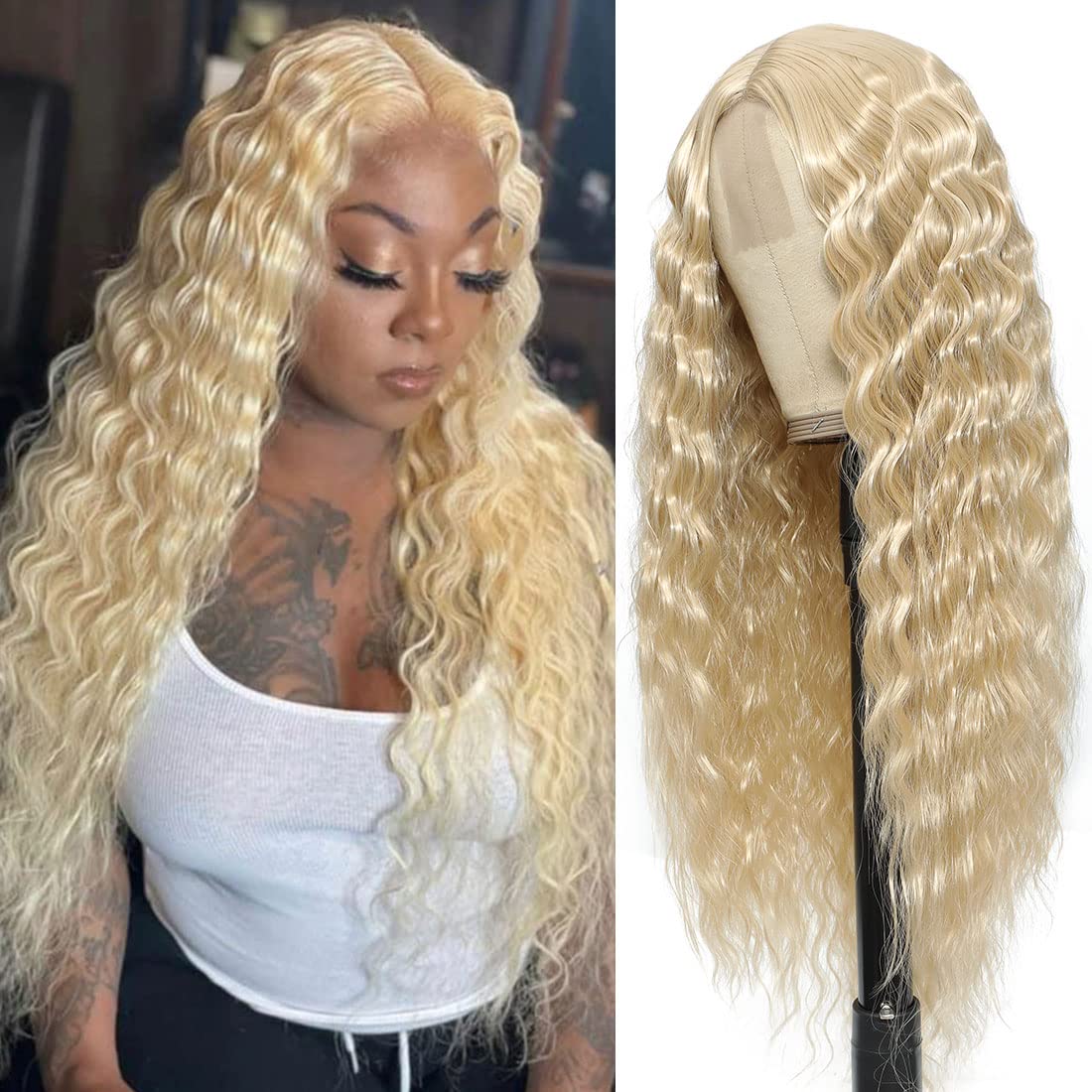 CLIONE 28" Synthetic Curly Wig Honey Blonde Lace Front Wigs for Women Long Deep Wave Lace Wigs Natural Crimps Curls 4" Fake Scalp,15/613#