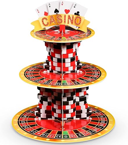 Tanlade Soporte de 3 niveles para cupcakes de casino de Las Vegas para 24 mini pasteles, póquer, fiesta de cumpleaños, torre de postre de Las Vegas,