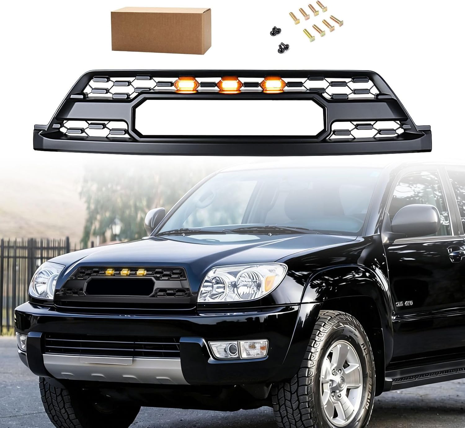 Astra Depot Front Bumper Grille Compatible with 2003-2005 Toyota 4Runner - Matte Black Mesh Honeycomb Grill with 3 Amber LED Signal Lights & Interchangeable Letters | TO1200261, TY07292GA, TY724138000